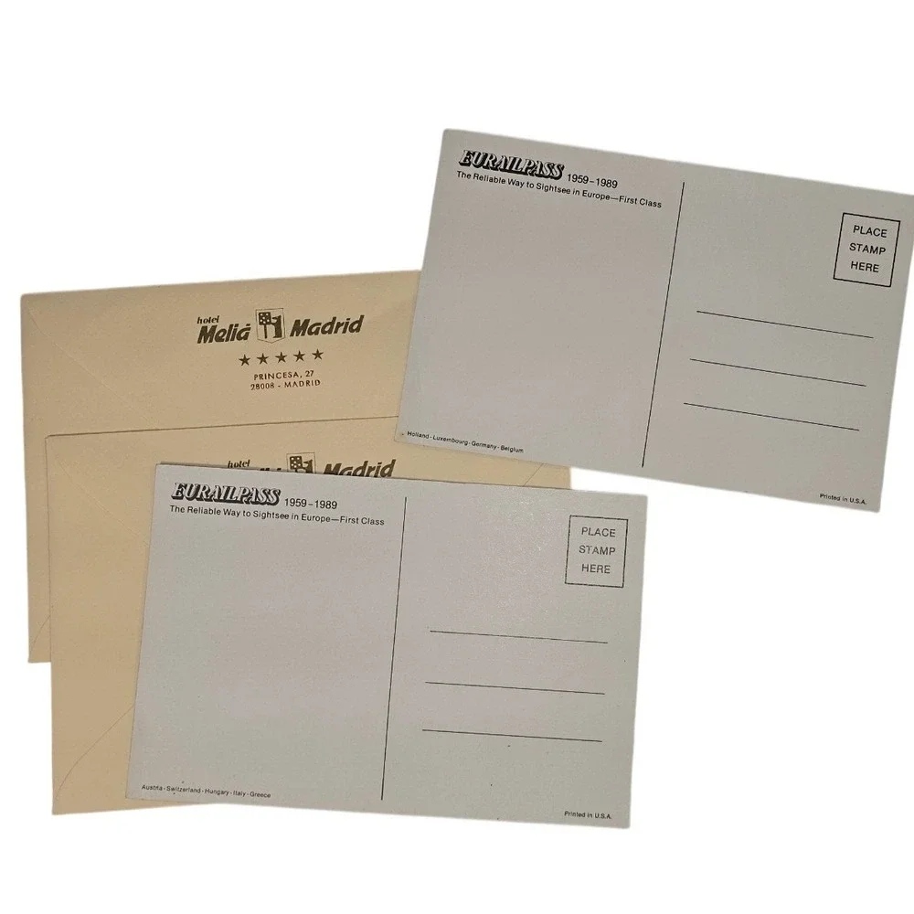 Vintage Melia Madrid Hotel & Europe Eurorailpass 4‎ Postcards 2 envelopes Set